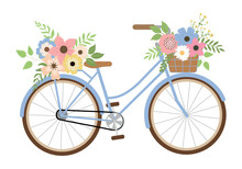 Cute Romantic Blue Bike With Spring Flowers. Isolated On White Background. Retro Bike Carrying Basket, With Flowers And Plants. Vector Illustration.