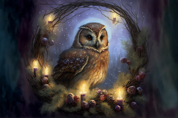 Wall Mural - Winter Wreath with Owl and Lights at Night Generative AI