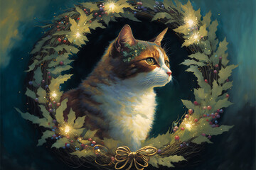 Wall Mural - Cat in Winter Wreath at Night with Twinkle Lights Holiday Greeting Card style Painting Generative AI