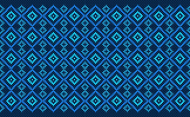 Wall Mural - Geometric ethnic pattern, Vector embroidery ornamental background, Pixel cross stitch tribal style, Blue pattern zigzag decorative, Design for textile, fabric, ceramic, tile, graphic