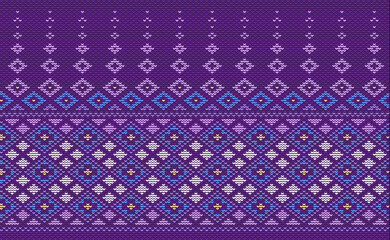 Wall Mural - Knitted ethnic pattern, Vector cross stitch knitting background, Embroidery decorative square style, Purple and white pattern oriental thread, Design for textile, fabric, carpet, print, tapestries