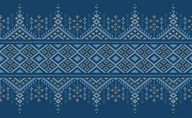 Wall Mural - Vector cross stitch knitting background, Knitted ethnic pattern, Embroidery decorative square style, Blue and yellow pattern oriental thread, Design for textile, fabric, carpet, print, tapestries