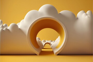 Wall Mural - 4K resolution or higher, abstract minimalist yellow background with the row of three white clouds flying out the tunnel. Generative AI Technology