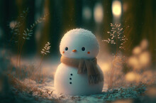 Cute Little Baby Snowman In Forest