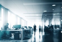 4K Resolution Or Higher, Abstract Blurred Interior Modern Office Space With Business People Working Banner Background. Generative AI Technology