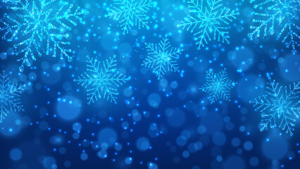 Wall Mural - Blue background with glowing snowflakes. Christmas and New Year banner. Vector illustration