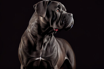 Cane Corso dog isolated on a black background. Generative AI	