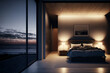 Leinwandbild Motiv Illustration of modern minimalistic dark bedroom,created with Generative AI technology.
