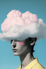 Retro, Vintage, Abstract Collage Portrait Of A Faceless Man With A Huge, Soft, White Cloud On Her Head. What Is In Your Head? Illustration, Generative AI.