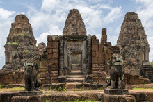 Stone Lions Covered In Lichen Guard Temple, East Mebon, Angkor Wat, Cambodia