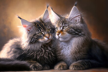 Two Cute Happy Mainecoon Cat Kittens Cuddling Together.  Couple Happy Kittens Relax Together. Kitten Family In Love. Adorable Kitty Noses For Valentine S Day.