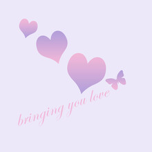 Greetings Card With Love, Three Pink And Purple Hearts With Butterfly On Lilac Square Background