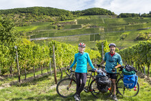 Female And Male Cyclist Standing Along Side Row Of Grapevines With Steep Slope Vineyards On Hills In The Background, Near Piesport; Germany