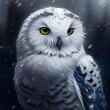A close up of a female snowy owl during snowfall. Digital artwork style with soft paint strokes and detail in the face. Generative AI.