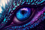 Fototapeta  - Close up of a dragon eye in blue and purple colors. Fantasy digital artwork. Generative AI.
