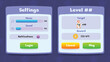 © Viktoria Kovalchuk - Settings and Level menu pop up with buttons and icons. Set of user interface GUI to build 2D games. Can be used in mobile or web or video games