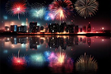 Wall Mural - New year's eve fireworks, city skyline - generative ai