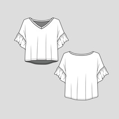 Kimono Ruffles Sleeve Crop top V Neck High low dip hem cropped Fashion drawing template sketch design