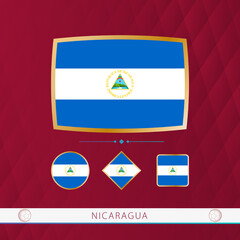 Wall Mural - Set of Nicaragua flags with gold frame for use at sporting events on a burgundy abstract background.