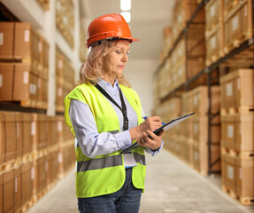 Wall Mural - Female engineer with a safety vest and helmet writing a document in a warehouse