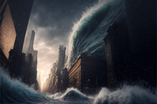 Generative AI illustration of tsunami flooding a city