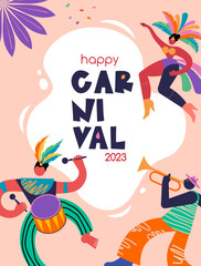 Happy Carnival, Brazil, South America Carnival with samba dancers and musicians. Festival and Circus event design with funny boneless artists, dancers, musicians and clowns. Colorful background with