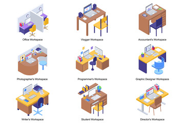 Workspace concept 3d isometric icons set. Pack elements of offices for vlogger, accountant, photographer, programmer, graphic designer, writer, student. Illustration in modern isometry design