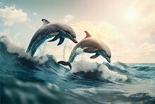 Dolphins Jumping In Waves, Seascape Background With Clear Water And Shining Sunset