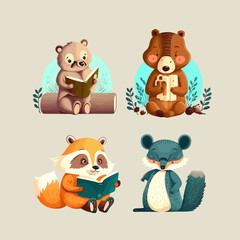 Poster - Reading animals characters, bear, lion and wolf read books. Isolated on background. Cartoon flat vector illustration