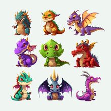 Cartoon Dragon Kids Fantasy Cute Creature Mascots. Isolated On Background. Cartoon Flat Vector Illustration