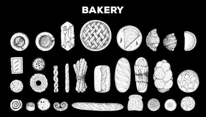 Bakery sketch set. Bakery collection. Hand drawn sketch with bread, pastry, sweet. Bakery set vector illustration. Hand drawn elements for design. Engraved food image