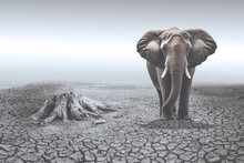 Effects Of Global Warming. An Elephant On A Barren Land Without Water