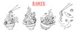 Bowl noodles and chopsticks sketch set. Noodle bowl collection. Ramen logo. Asian food. Chinese, Korean, Japanese cuisine. Logo template. Hand drawn vector illustration.