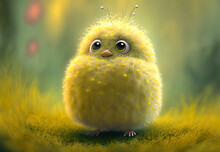 Little Fluffy Chick, Yellow Fantasy Baby Chicken, Adorable Small Birdie, Illustration, Yellow, Green Spring, Easter, Illustration, Digital