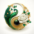 yin yang symbol, peacock and pearl and flower, generative AI