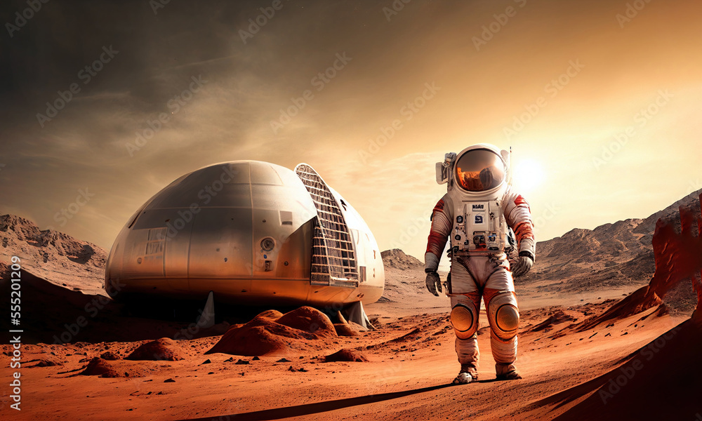 Astronaut on mars the red planet. Landscape with desert and mountains ...