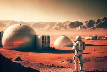 Wall Mural - astronaut on mars the red planet. landscape with desert and mountains, colonization of mars, generat