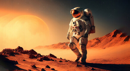 Wall Mural - astronaut on mars the red planet. landscape with desert and mountains, colonization of mars, generat