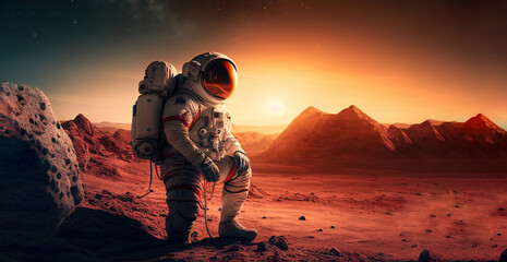 astronaut on mars the red planet. landscape with desert and mountains, colonization of mars, generat