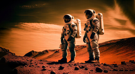 Wall Mural - astronaut on mars the red planet. landscape with desert and mountains, colonization of mars, generat