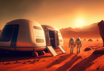 Wall Mural - astronaut on mars the red planet. landscape with desert and mountains, colonization of mars, generat