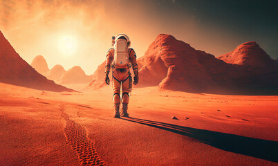 Wall Mural - astronaut on mars the red planet. landscape with desert and mountains, colonization of mars, generat