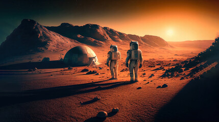 Wall Mural - astronaut on mars the red planet. landscape with desert and mountains, colonization of mars, generat