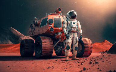 Wall Mural - astronaut on mars the red planet. landscape with desert and mountains, colonization of mars, generat