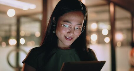 Aufkleber - Woman, tablet and reading in night at office, focus or happy for social media app, chat or email. Asian web expert, digital marketing and working on strategy, tech business or social network in Tokyo