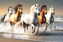 Horses Running Along The Beach