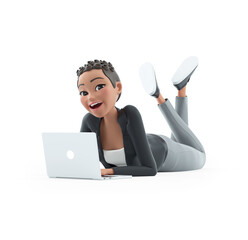 3d character woman working on laptop and lying down on floor