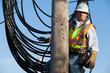 © Designpics - Cable lineman on a power pole with new bundle of cable