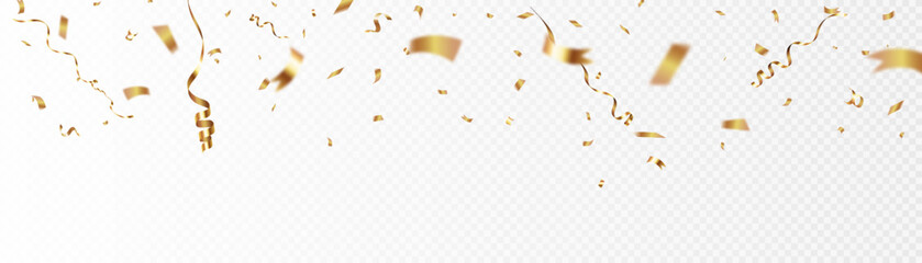 Gold confetti falls. confetti, streamer, tinsel on a transparent background for design and congratulations.Vector	
