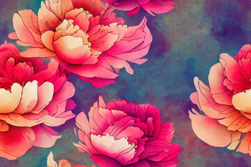Wall Mural - abstract continuous backdrop with a watercolor effect. Peony blossom painted in an old-fashioned way with brush strokes. Concept in pastel tones. Generative AI